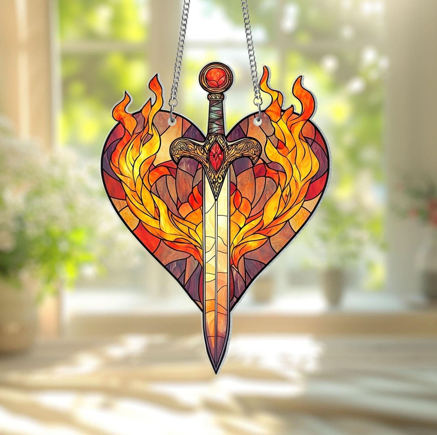 Fireheart Sword Ember Sigil Stained Glass Suncatcher