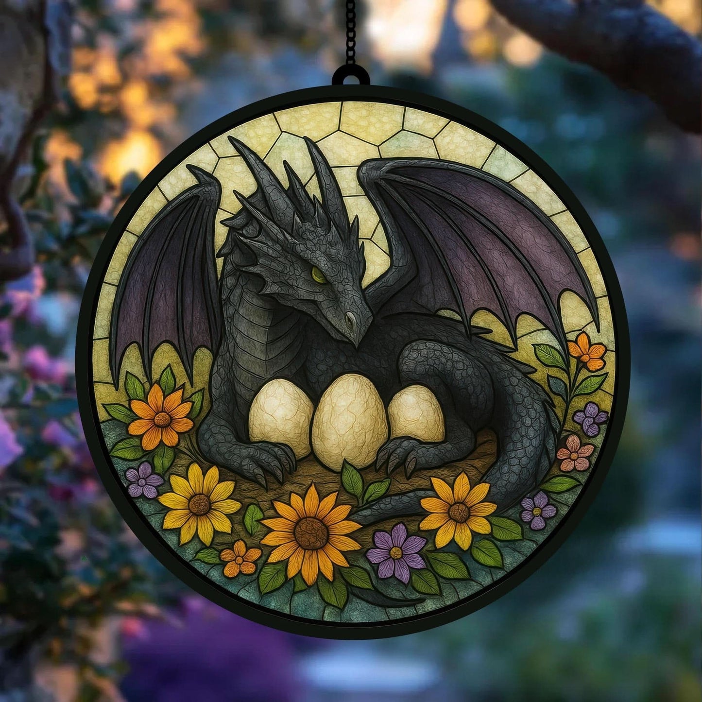 Onyx Storm Dragon Eclipse Stained Glass Suncatcher
