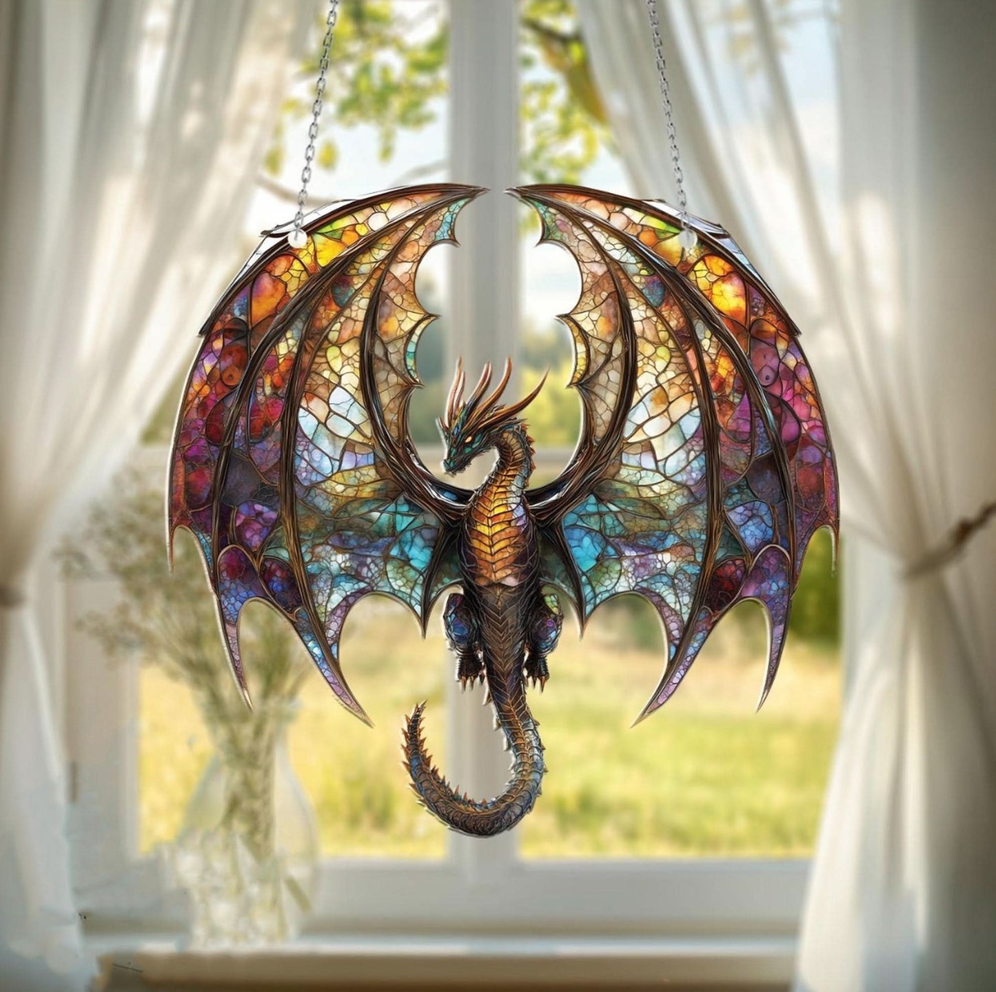 Flying Dragon Skybound Fantasy Stained Glass Suncatcher