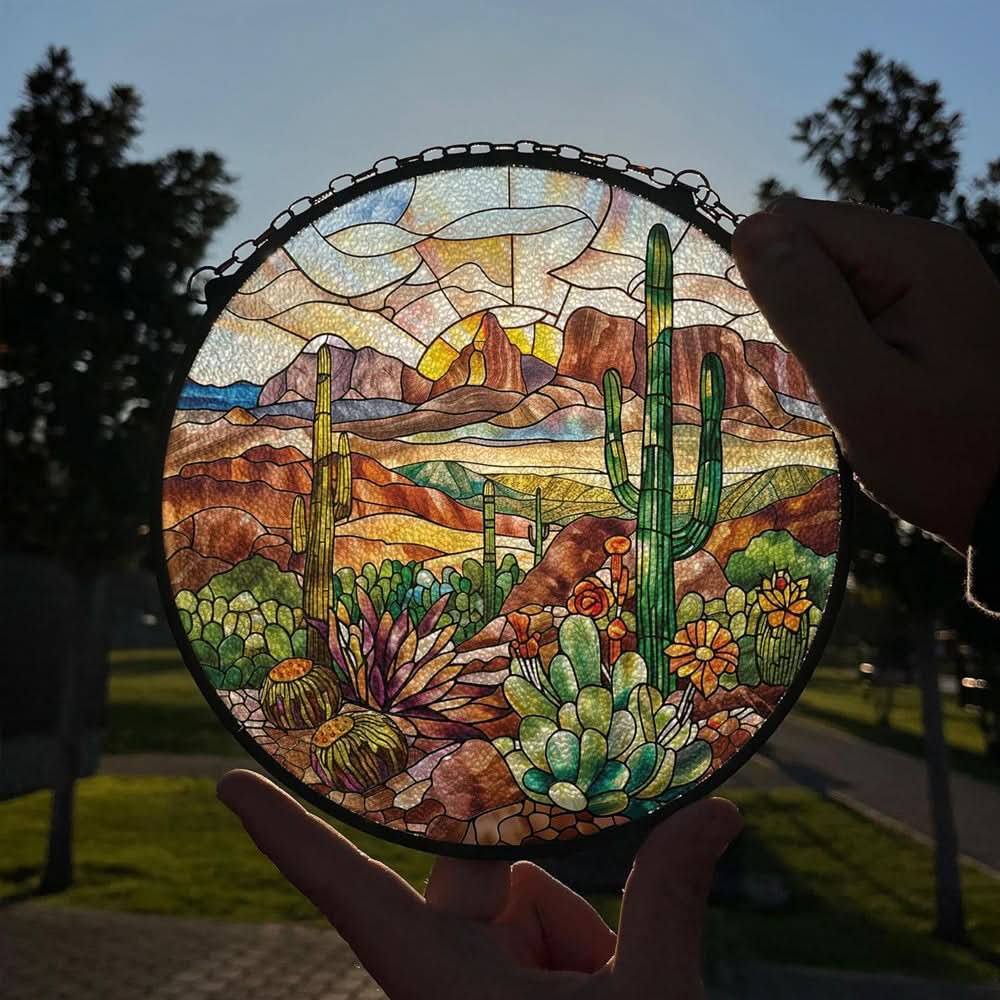 Desert Cactus Horizon Stained Glass Suncatcher