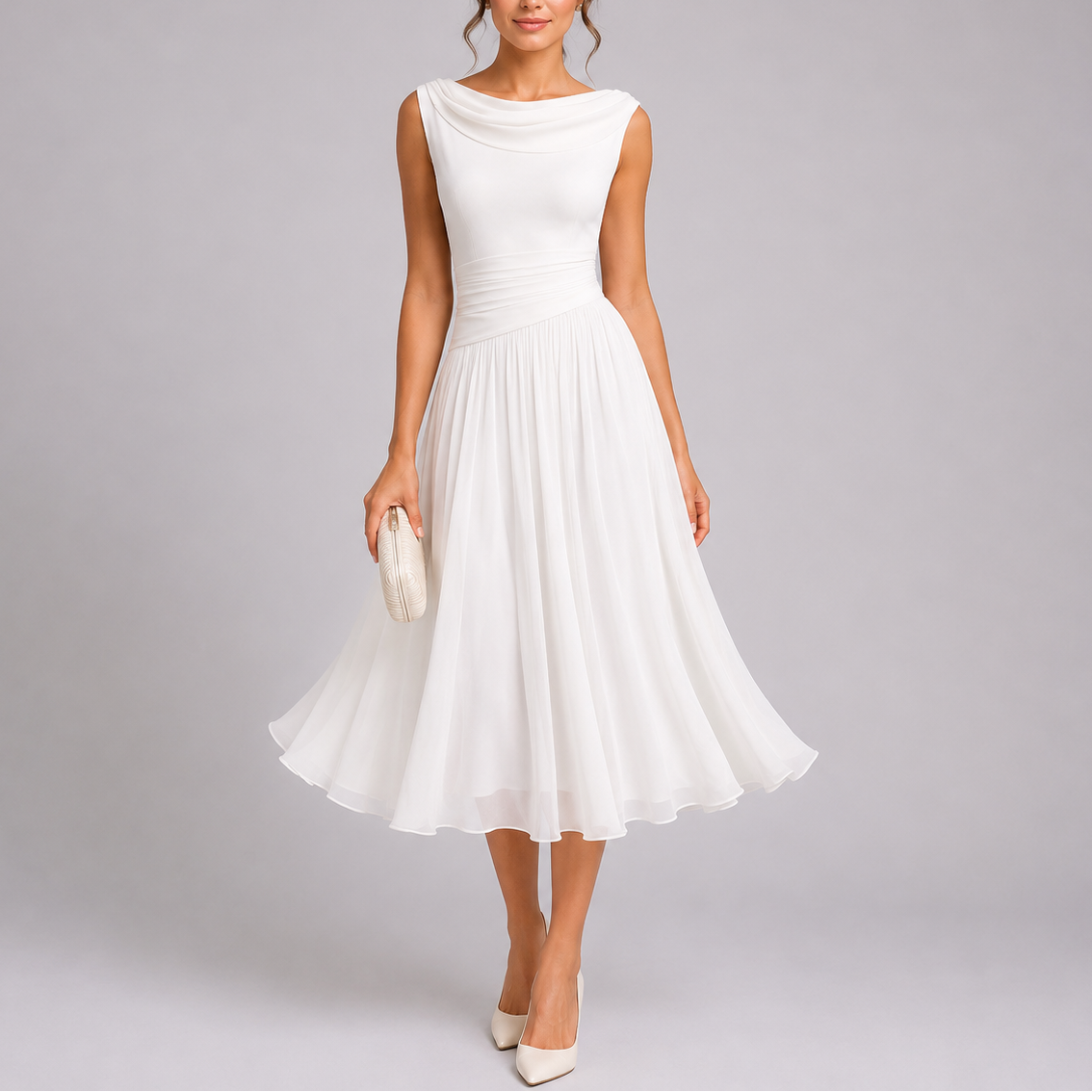 Women's Elegant Pleated Midi Dress Draped Neckline Lightweight Evening Wear 5