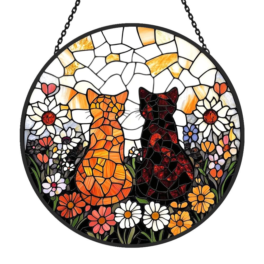 Two Cute Cats Sun Catcher Decoration Stained Glass Window Hanging