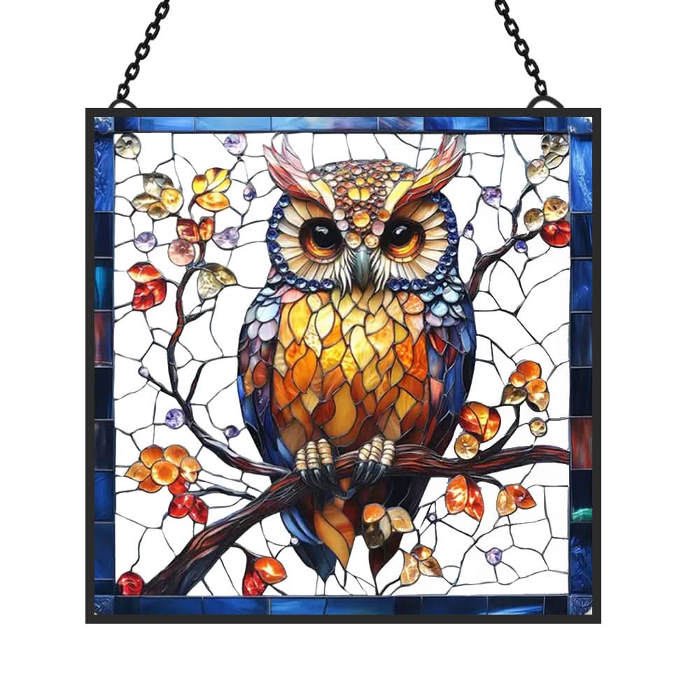 Vibrant Owl Sun Catcher Decoration Stained Glass Window Hanging