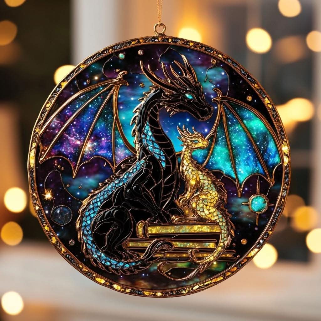 Galaxy Dragon Celestial Flight Stained Glass Suncatcher