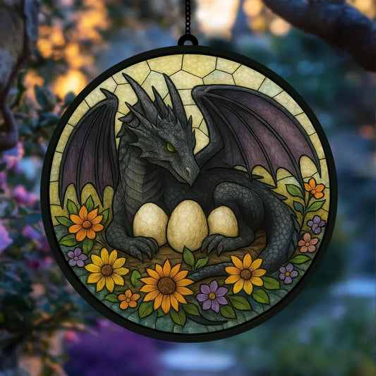 Onyx Storm Dragon Eclipse Stained Glass Suncatcher