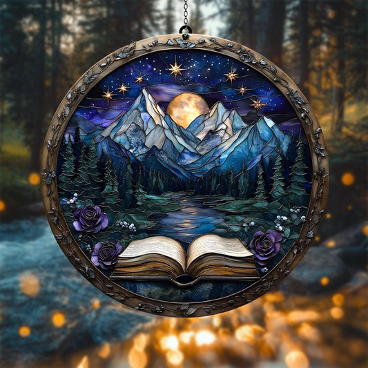 Starry Night Open Book Stained Glass Suncatcher