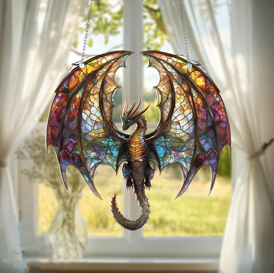 Flying Dragon Skybound Fantasy Stained Glass Suncatcher
