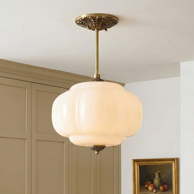 Antique Brass Semi Flush Mount Pendant Light with Green Glass Shade 0