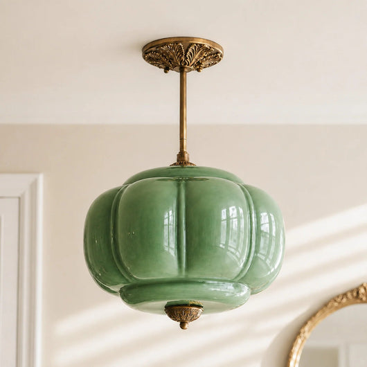 Antique Brass Semi Flush Mount Pendant Light with Green Glass Shade 10