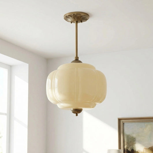 Antique Brass Semi Flush Mount Pendant Light with Green Glass Shade 11
