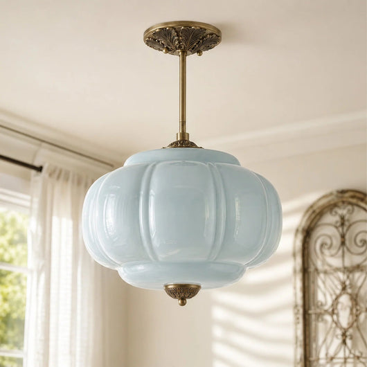 Antique Brass Semi Flush Mount Pendant Light with Green Glass Shade 14