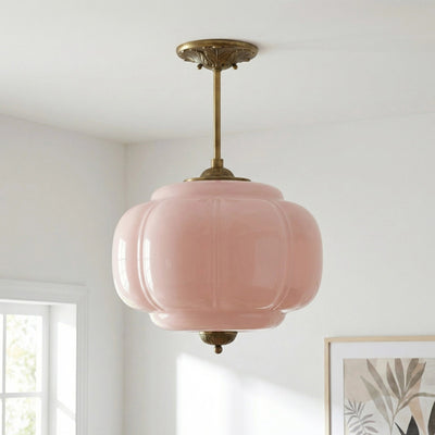 Antique Brass Semi Flush Mount Pendant Light with Green Glass Shade 15