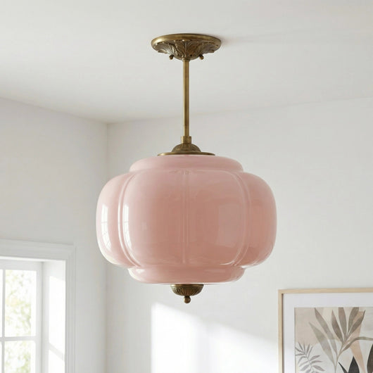 Antique Brass Semi Flush Mount Pendant Light with Green Glass Shade 15