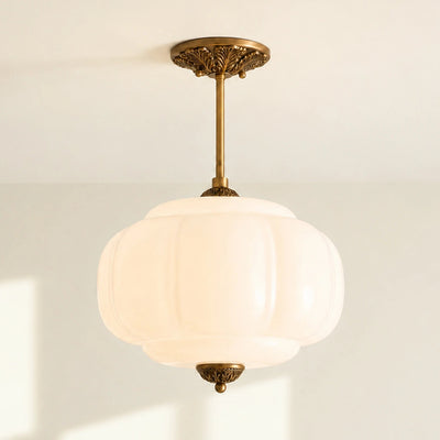 Antique Brass Semi Flush Mount Pendant Light with Green Glass Shade 1