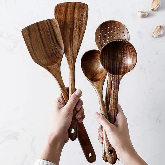 BowLift | Elegant Teak 7-Piece Kitchen Utensil Set for Versatile Cooking 1