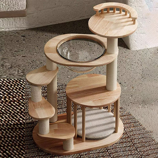 Cat Tree - Modern Solid Rubberwood with Eco-Friendly Paper Rope | 4-Tier Cat Furniture for Living Room 0
