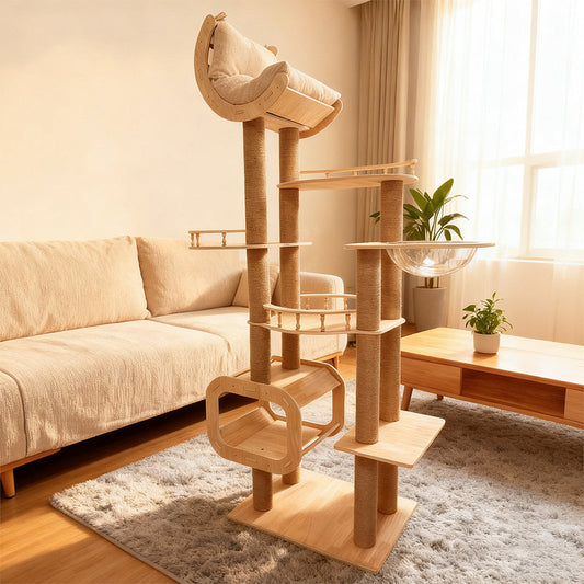 Cat Tree | Solid Wood Multi-Tier Design with Acrylic Bed | Modern Cat Furniture for Living Room 0
