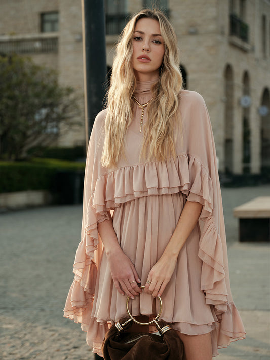 Chloe | Women's Dress Ruffle Mock Neck Short Sleeve Soft Pink Chiffon Adult Spring 0
