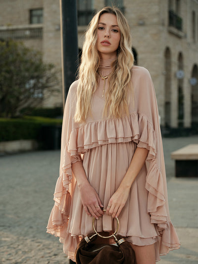 Chloe | Women's Dress Ruffle Mock Neck Short Sleeve Soft Pink Chiffon Adult Spring 0
