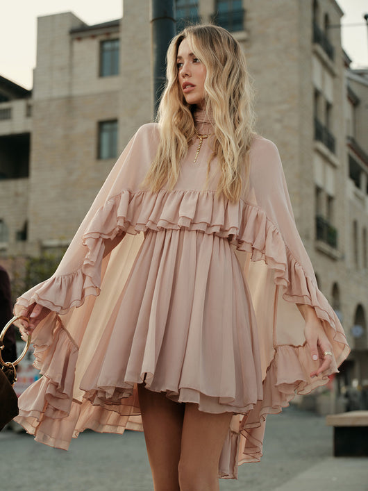 Chloe | Women's Dress Ruffle Mock Neck Short Sleeve Soft Pink Chiffon Adult Spring 1