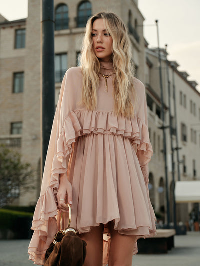 Chloe | Women's Dress Ruffle Mock Neck Short Sleeve Soft Pink Chiffon Adult Spring 2