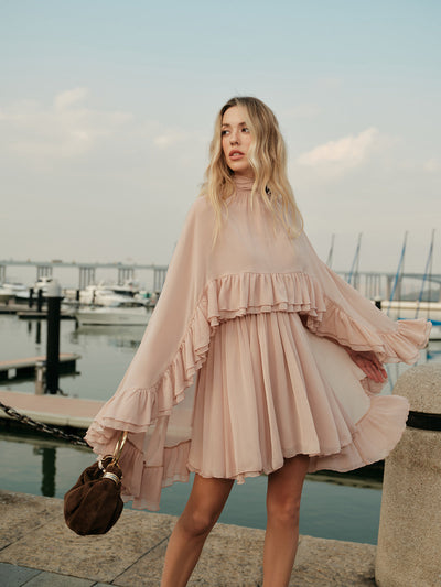 Chloe | Women's Dress Ruffle Mock Neck Short Sleeve Soft Pink Chiffon Adult Spring 3