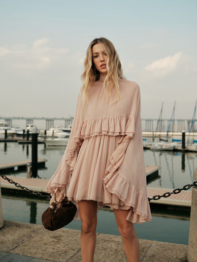 Chloe | Women's Dress Ruffle Mock Neck Short Sleeve Soft Pink Chiffon Adult Spring 4
