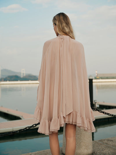 Chloe | Women's Dress Ruffle Mock Neck Short Sleeve Soft Pink Chiffon Adult Spring 5