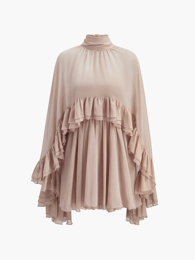 Chloe | Women's Dress Ruffle Mock Neck Short Sleeve Soft Pink Chiffon Adult Spring 6