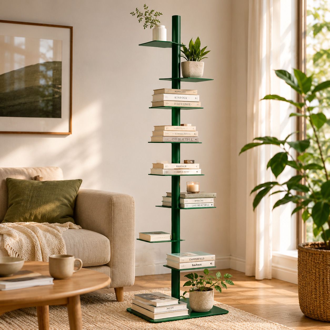Corner Bookshelf | Mid-Century Carbon Steel, 9-Tier Spiral Design | St