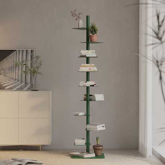 Corner Bookshelf | Mid-Century Carbon Steel, 9-Tier Spiral Design | Stylish Storage for Home Office 1