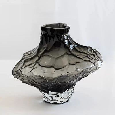 Decorative Glass Vase - Sculpted Rippled Design, Smoky Gray - Elegant Centerpiece for Living Room & Dining Table 0