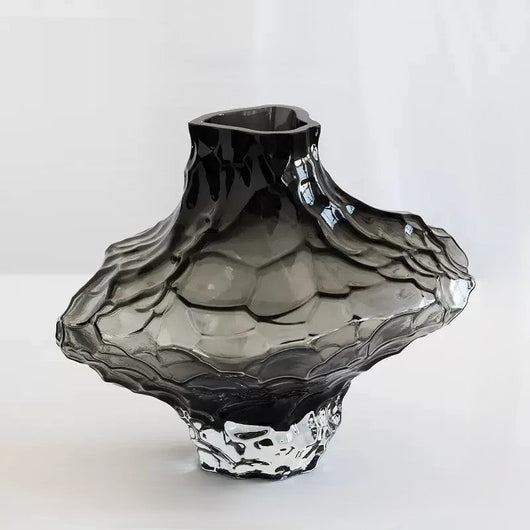 Decorative Glass Vase - Sculpted Rippled Design, Smoky Gray - Elegant Centerpiece for Living Room & Dining Table 0