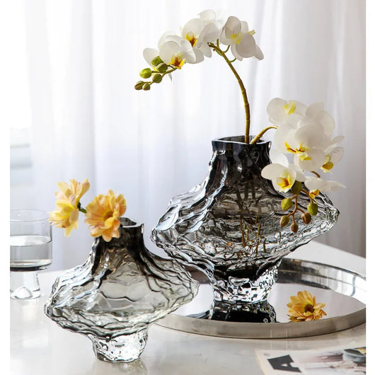 Decorative Glass Vase - Sculpted Rippled Design, Smoky Gray - Elegant Centerpiece for Living Room & Dining Table 1