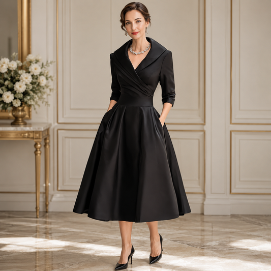 Emily | Women's Dress Elegant Midi Black Cotton with Pockets Adult 0