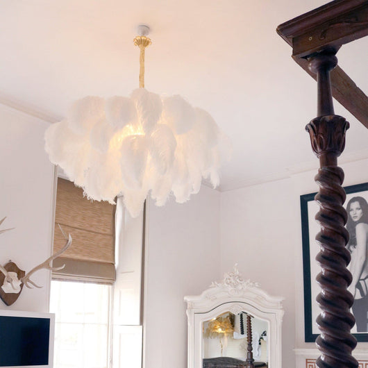 FeatherLuxe | Elegant Ostrich Feather Chandelier Light with Brass Finish 4