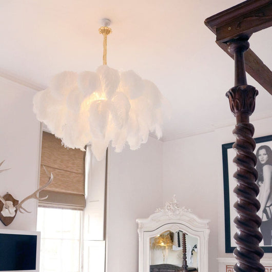 FeatherLuxe | Elegant Ostrich Feather Chandelier Light with Brass Finish 8