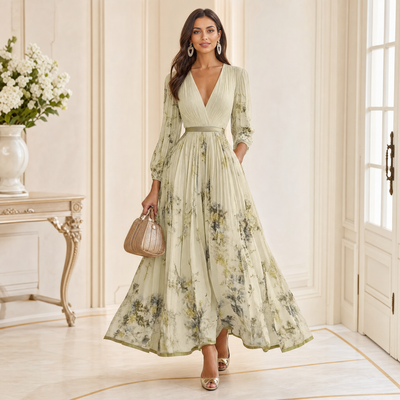 Grace | Maxi Dress Flowy Floral V-Neck Long Sleeve Black Soft Women Adult Summer 2