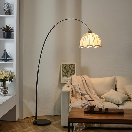 Kimala | Elegant Modern Arc Floor Lamp with Black Metal Base and Fabric Shade 0