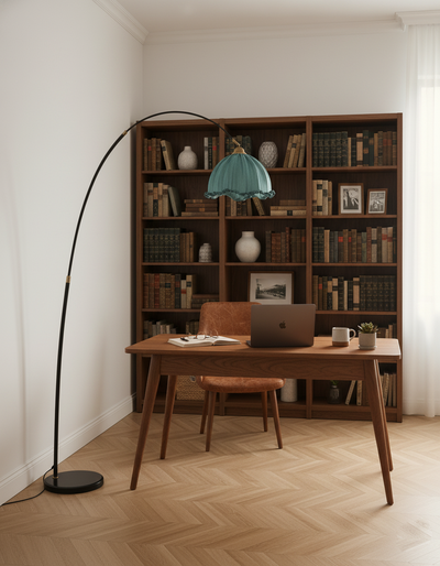 Kimala | Elegant Modern Arc Floor Lamp with Black Metal Base and Fabric Shade 5