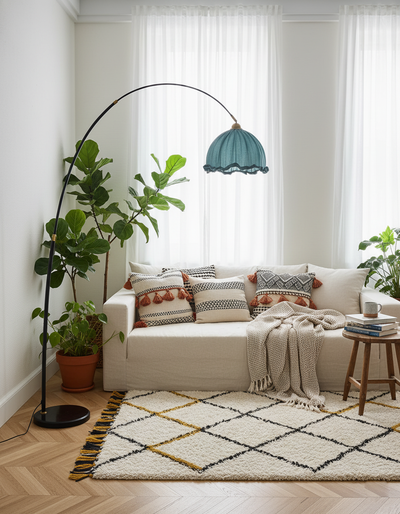 Kimala | Elegant Modern Arc Floor Lamp with Black Metal Base and Fabric Shade 6