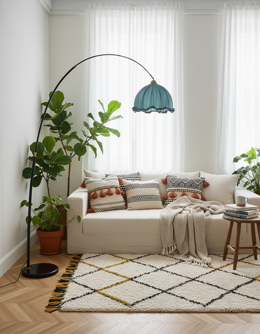 Kimala | Elegant Modern Arc Floor Lamp with Black Metal Base and Fabric Shade 6
