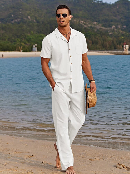 Men's Camp Collar Shirt and Trousers Set Casual Lightweight Beachwear Relaxed Fit Full-Length 0