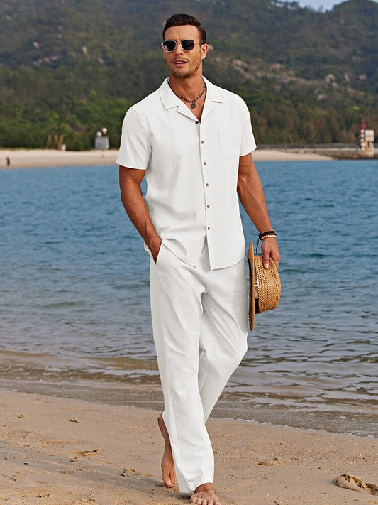Men's Camp Collar Shirt and Trousers Set Casual Lightweight Beachwear Relaxed Fit Full-Length 0
