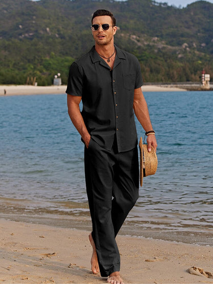 Men's Camp Collar Shirt and Trousers Set Casual Lightweight Beachwear Relaxed Fit Full-Length 1
