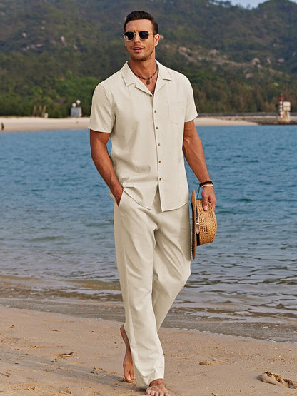 Men's Camp Collar Shirt and Trousers Set Casual Lightweight Beachwear Relaxed Fit Full-Length 2