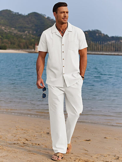 Men's Camp Collar Shirt and Trousers Set Casual Lightweight Beachwear Relaxed Fit Full-Length 3