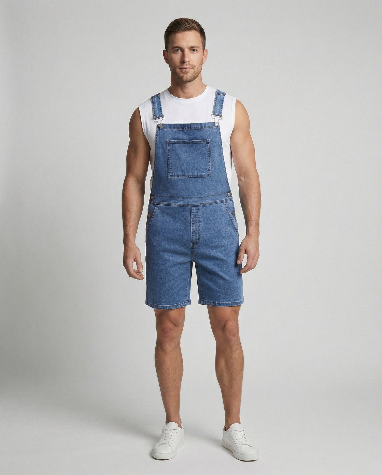 Men's Casual Denim Bib Shorts Adjustable Fit with Pockets Blue Summer 0