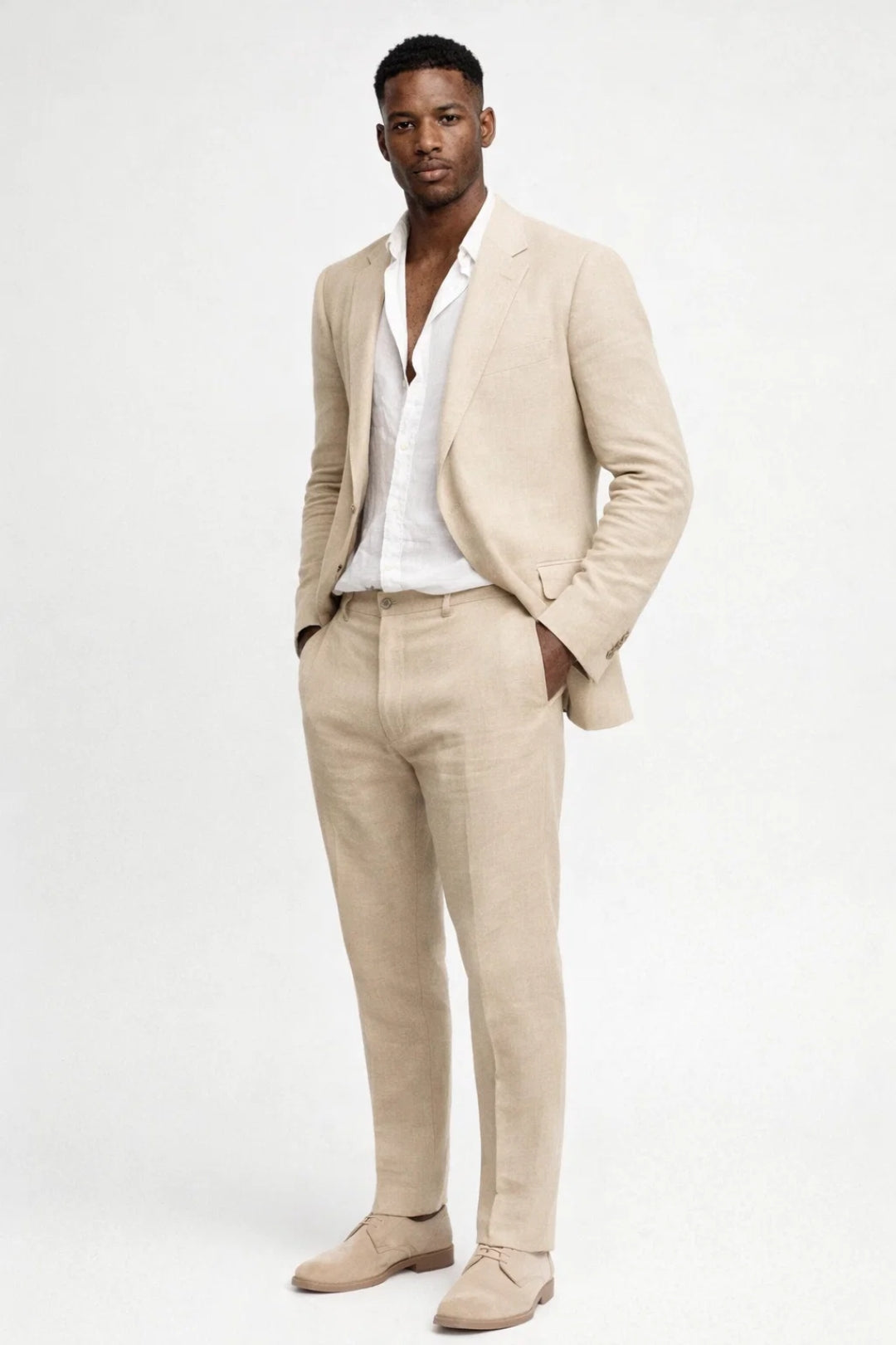Men's Regular Fit Two-Piece Suit Set Round Neck Jacket Trousers Formal Wedding Suit 2