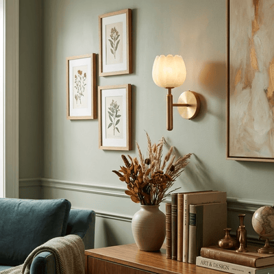 Mian Alabaster | Elegant Natural Brass Wall Sconce with Floral Design 6